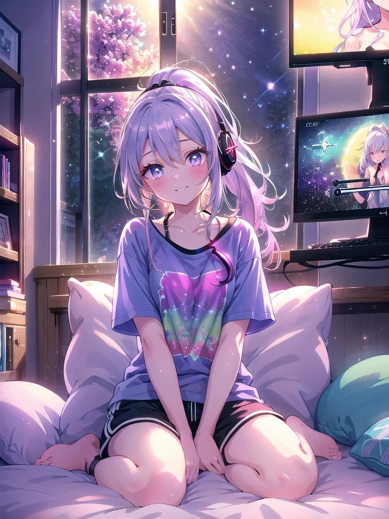 ((8k, Highest quality, masterpiece: 1.3)),Ultra-high resolution,(1 girl, alone), (Color changing eyes, Ultra-detailed, Expressive brilliance, Glitter, Glowing Eyes), Highly detailed eyes, Highly detailed face, Random Hair, ((pastel colour)),A joyful young woman with pastel lavender hair styled into a simple ponytail, sitting cross-legged on her bed in her softly lit bedroom during a quiet evening. She is dressed in a simple yet subtly sexy casual gamer cosplay, wearing a fitted graphic T-shirt, a pair of shorts, and gaming headphones around her neck. The camera captures her from a slightly low angle as she grins while holding a game controller, her expression full of excitement and focus. The room is dimly lit by the soft glow of a gaming monitor, with a few game posters on the wall, a small collection of games on a nearby shelf, and an energetic, immersive atmosphere,(nsfw:1.3)