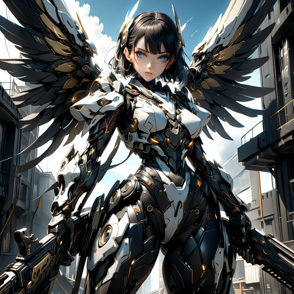 black hair, messy hair, short hair, atmospheric perspective, 8k, super detail, best quality, cinematic lighting, masterpiece, Mechanical body, blue steel body parts, large wings growing from its back, detailed face, detailed eyes, anime style, Her thighs are exposed and showing skin, rifle, Hold the rifle and aim, science fiction, Futuristic combat android, Beautiful woman