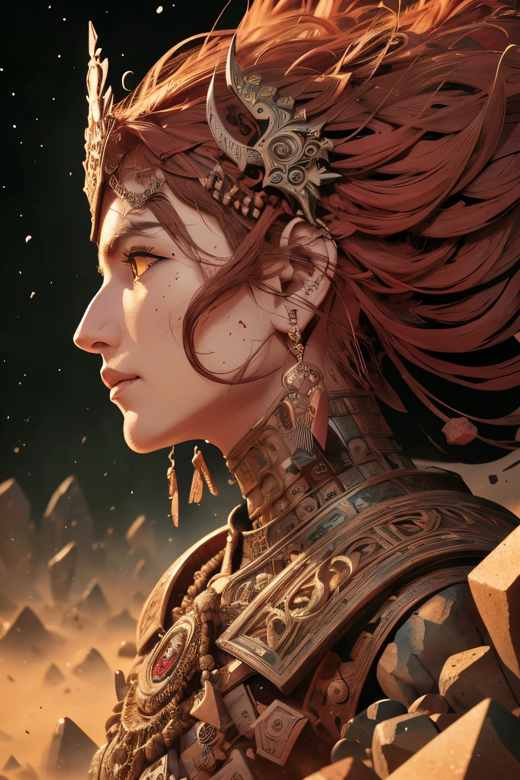 (Ultra-detailed face, looking away, Fantasy Illustration with Gothic, Ukiyo-e, Comic Art, Rich colors), 
BREAK 
(This is a world of rocks and sand with a dust storm of red sand. Two huge 200 meter tall rock statues of legendary soldiers in armor stand side by side facing each other. parabolic effect)