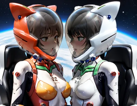 white bodysuit, plugsuit,evangelion,\ helmet, space helmet ,eva helmet,astronaut) brown hair, a pair of girls, very short hair, ...