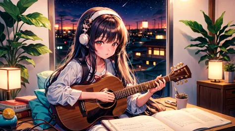 arafed long haired asian girl playing guitar in front of a window, kotegawa yui, real life anime girls, anime girl cosplay, 白him...