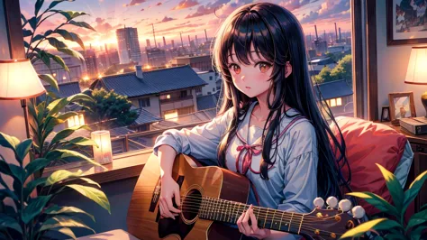 arafed long haired asian girl playing guitar in front of a window, kotegawa yui, real life anime girls, anime girl cosplay, 白him...