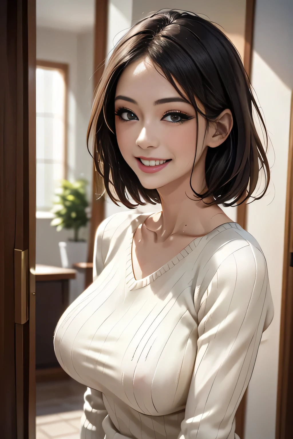 (8k, RAW Photos, Highest quality, masterpiece, Realistic, Realistic), (1 female), (Ultimate beauty), solo, Very detailedな顔, Detailed eyes, double eyelid, eyelash, smile, /(Modern house interior/), mature, /(Random color ribbed sweater/), blushed smile, (Highest qualityのmasterpiece:1.2) Delicate illustrations, Very detailed, Large Breasts、((Sweat,vapour))、In front of the entrance door、visit、(Full Shot))