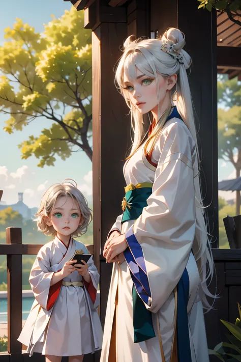 hanfu, (ru_group), tree, pool, white hair, green eyes, nasheed_genshin impact, child, masterpiece, best quality