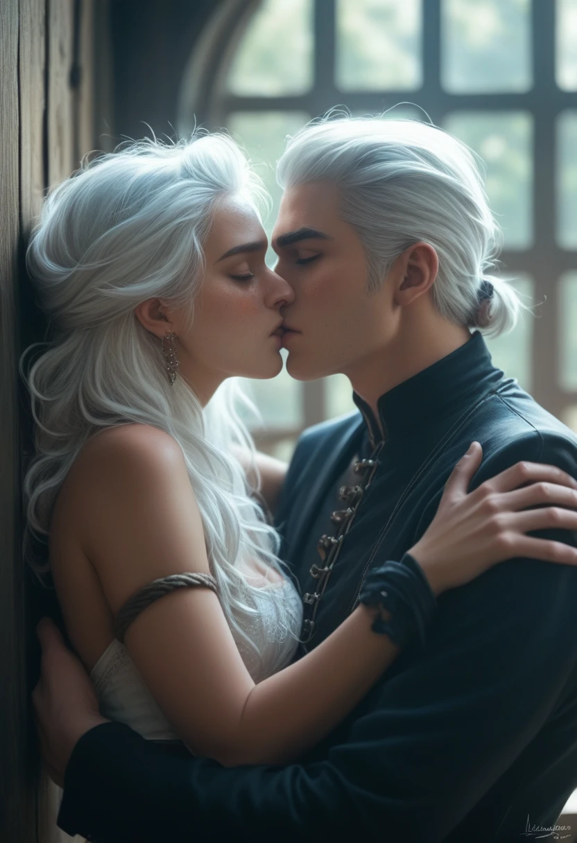 Stunning dark fantasy of 2 males, 25 year old anime male assassins, with long black/white hair, tied up, freckled skin, intimatelykissing, hugging romantic, handsome, eyes blue, facial expressions of lust, Dark fantasy romantic semirealistic manga comic style. Volumetric and dynamic lighting. Hyperdetailed photorealistic hyperrealistic
