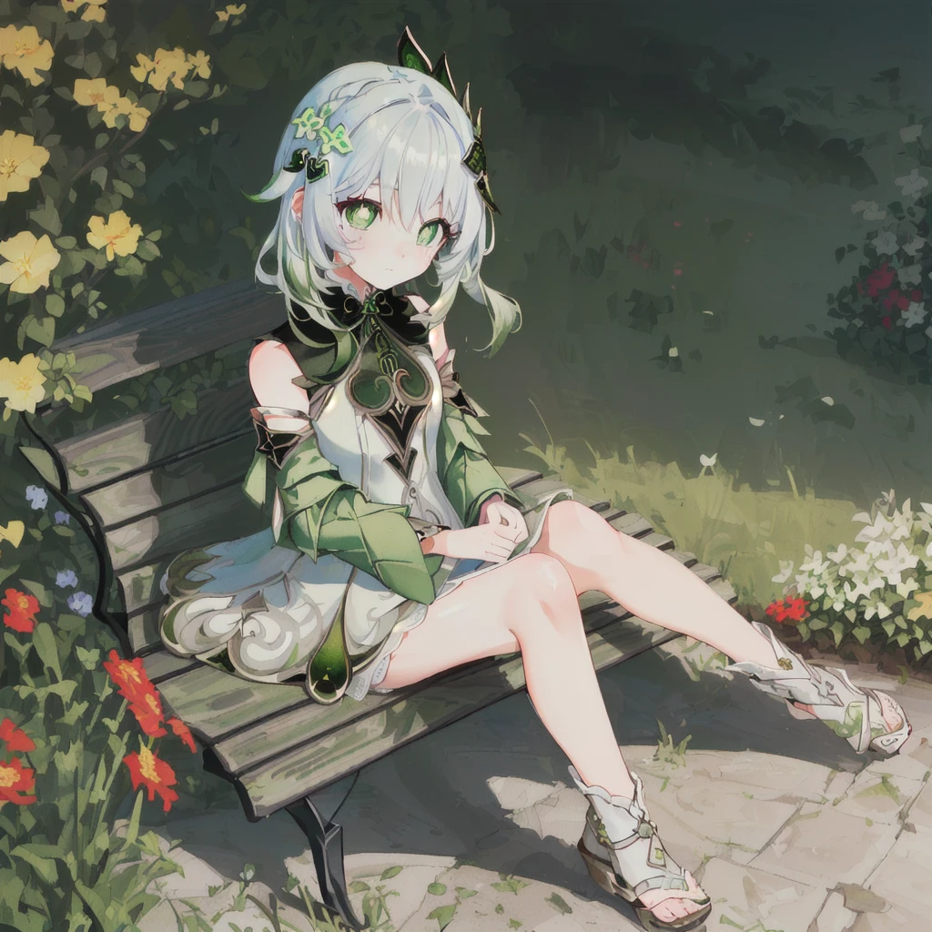 (((Masterpiece, Ultra HD, High Definition, Ultra HD 8K))), (((1 beautiful girl, cute face,perfect eyes,green eyes,flower shaped pupil,)),nahida_genshin impact,white hair,green hair ornament,legs spread,on bench,garden background,