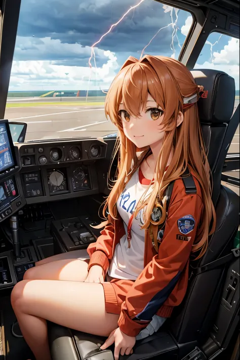 taiga aisaka f 35 pilot, taiga aisaka from the anime toradora, inside a cockpit of an f 35 model fighter plane. outside lightnin...