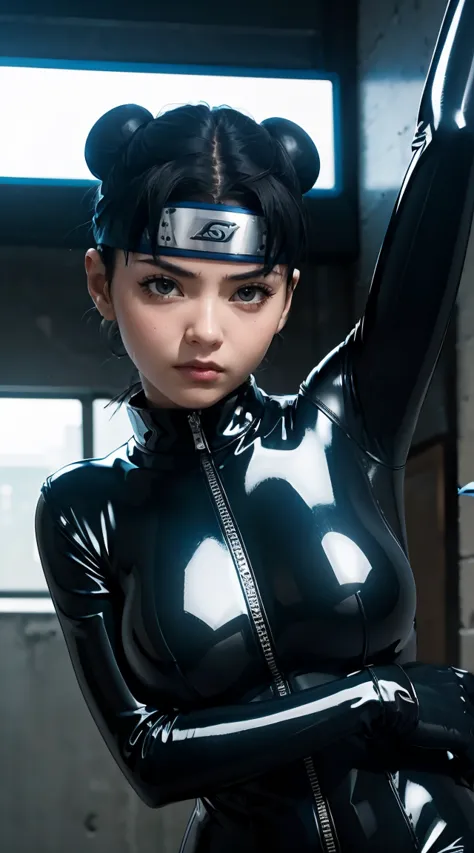 solo, super fine photo, portrait unreal engine 5 8k uhd of beautiful girl in a skin tight black latex outfit with blue neon ligh...