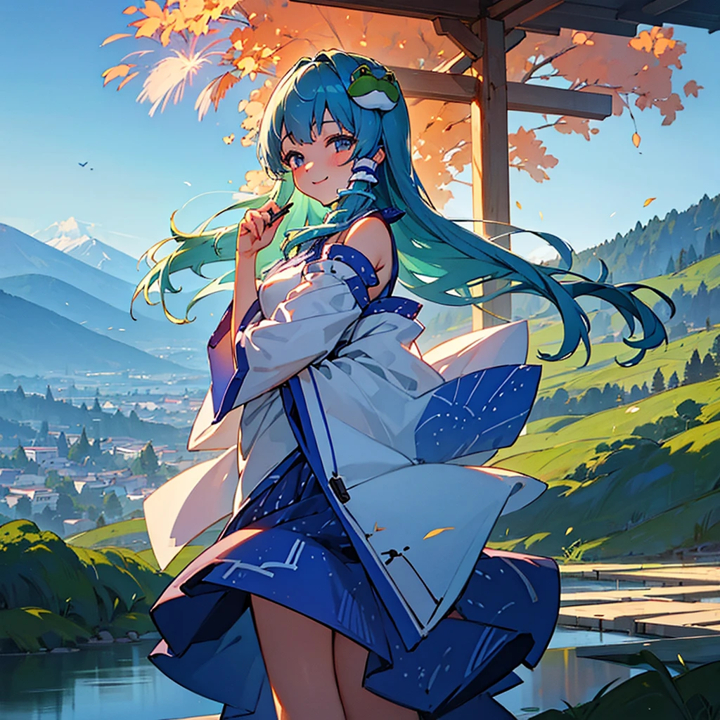 Highest quality、masterpiece、Detailed、beautiful、８Ｋ、One Girl、Delicate and fine skin、Oriental Project、Sanae Kochiya、Mountain、firework、shrine、masterpiece、Highest quality、Very high quality、8k、Very detailed、Delicate and fine skin girl、Young、young、Smiling、