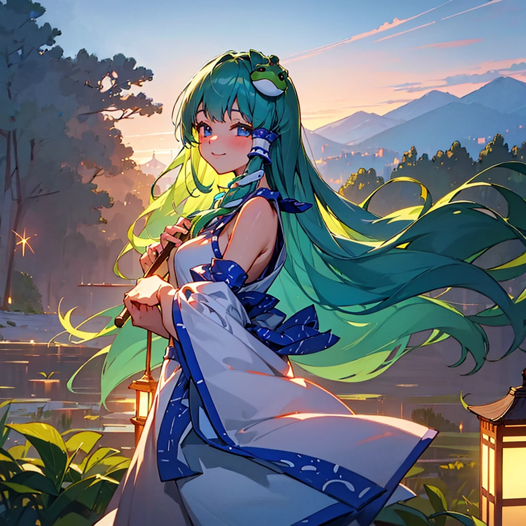 Highest quality、masterpiece、Detailed、beautiful、８Ｋ、One Girl、Delicate and fine skin、Oriental Project、Sanae Kochiya、Mountain、firework、shrine、masterpiece、Highest quality、Very high quality、8k、Very detailed、Delicate and fine skin girl、Young、young、Smiling、