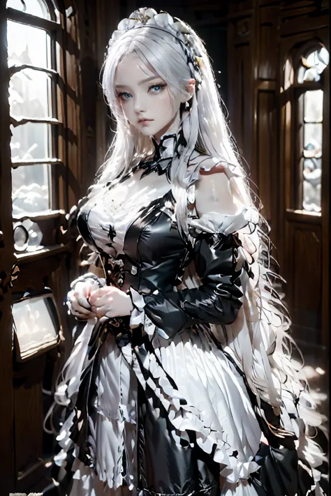 the woman, (european citizenship: 1.2) in a black and white outfit posing for a photo, maiden! dress, anime girl cosplay, anime ...