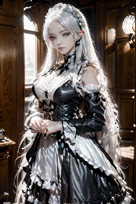 the woman, (european citizenship: 1.2) in a black and white outfit posing for a photo, maiden! dress, anime girl cosplay, anime ...