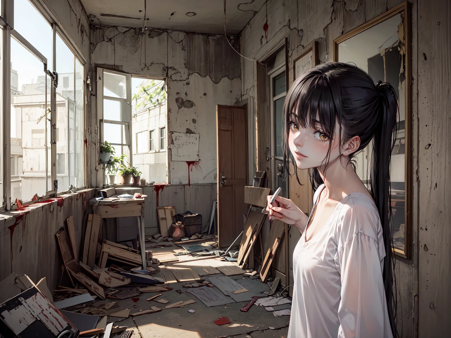 (Highest quality,4K,High resolution,masterpiece:1.2),Very detailed,Realistic:1.37,とてもbeautiful girl,Long twin tails,Watching the audience,high school、Dilapidated school building、I&#39;m in the classroom、Inside a dilapidated classroom、Very dirty classroom、,Red color scheme,Ominous atmosphere,Eye-catching,Storytelling,anatomy,Anime Style,Concept Art,beautiful細部までこだわった顔と (((Red eyes ))),A terrifying ritual ,Satanic Ritual,Premature death,inappropriate behavior,クレイジーなsmile,Scythe Face,beautiful girl、Girl Monster, beautiful, Delicate facial features, Sharp Eye, Sharp Fangs, Pale skin,  Gloomy atmosphere, one person&#39;s, Please open your mouth wide, Open your mouth and baring your teeth,Sharp teeth like a beast, Wide lips, very wide mouth, Vermilion cheeks, ,(Blood splatter:1.4),Scary smile, smile,High School Design, Twisted smile、Bloody、bleeding from the head,,,,,、Blood splatter、,(Blood splatter:1.4),  ((flowing blonde hair)), ,(Blood splatter:1.4),Female curves, Perfect hands, Perfect anime face, (A long-sleeved, very cute sailor uniform)), Are standing, ((邪悪なsmile)), ,(Blood splatter:1.4), Steam circulates, ,Anime school design, Twisted smile、Bloody、bleeding from the head,、Blood splatter、,(Blood splatter:1.4), A dilapidated high school、Abandoned house、,Absurd, High resolution、Spooky Girl、(クレイジーなsmile:1.6)、(Blood dripping from the mouth:1.3)、 anime-style characters as the main characters、