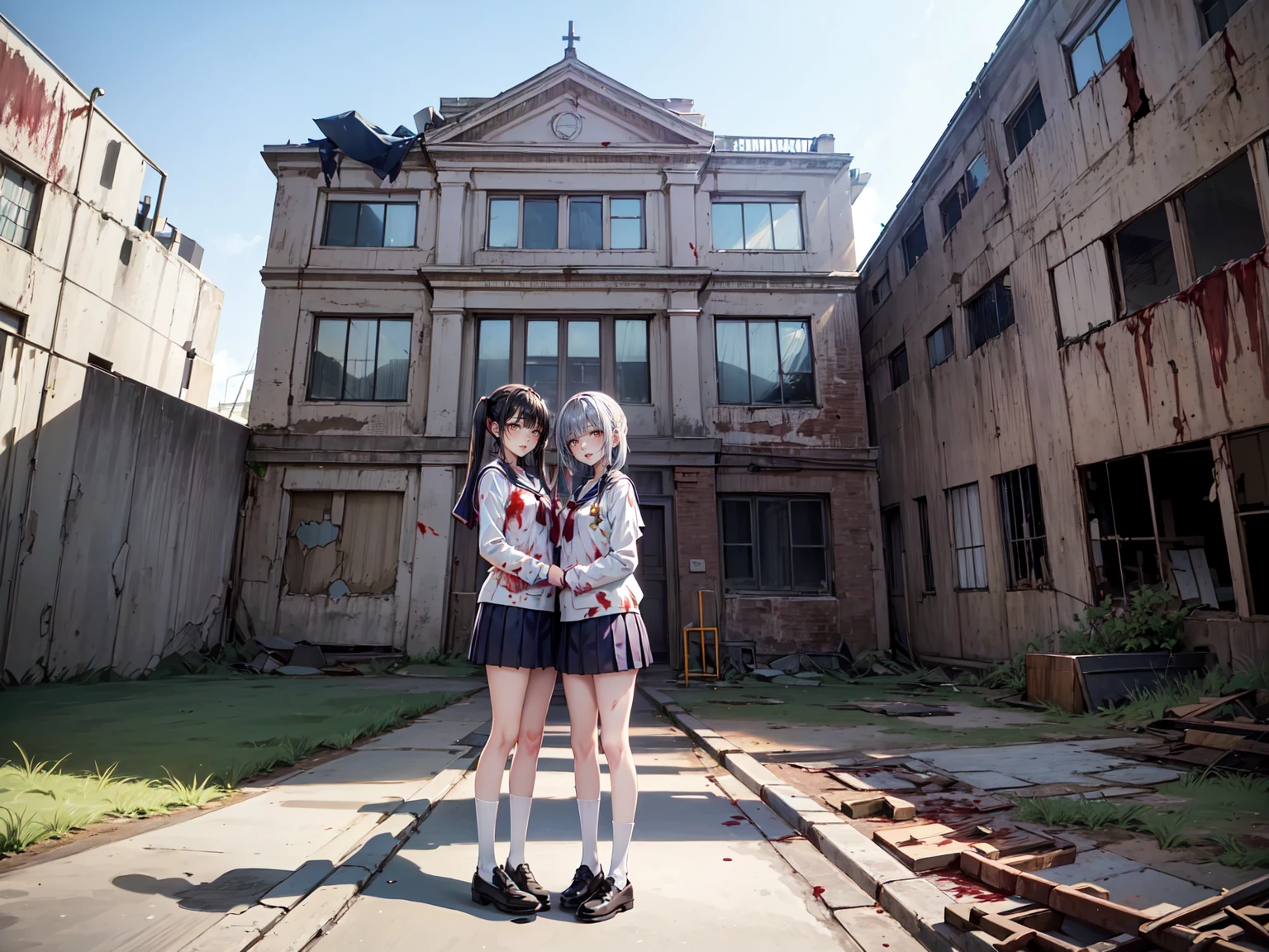 (Highest quality,4K,High resolution,masterpiece:1.2),Very detailed,Realistic:1.37,とてもbeautiful girl,Long twin tails,Watching the audience,high school、Dilapidated school building、I&#39;m in the classroom、Inside a dilapidated classroom、Very dirty classroom、,Red color scheme,Ominous atmosphere,Eye-catching,Storytelling,anatomy,Anime Style,Concept Art,beautiful細部までこだわった顔と (((Red eyes ))),A terrifying ritual ,Satanic Ritual,Premature death,inappropriate behavior,クレイジーなsmile,Scythe Face,beautiful girl、Girl Monster, beautiful, Delicate facial features, Sharp Eye, Sharp Fangs, Pale skin,  Gloomy atmosphere, one person&#39;s, Please open your mouth wide, Open your mouth and baring your teeth,Sharp teeth like a beast, Wide lips, very wide mouth, Vermilion cheeks, ,(Blood splatter:1.4),Scary smile, smile,High School Design, Twisted smile、Bloody、bleeding from the head,,,,,、Blood splatter、,(Blood splatter:1.4),  ((flowing blonde hair)), ,(Blood splatter:1.4),Female curves, Perfect hands, Perfect anime face, (A long-sleeved, very cute sailor uniform)), Are standing, ((邪悪なsmile)), ,(Blood splatter:1.4), Steam circulates, ,Anime school design, Twisted smile、Bloody、bleeding from the head,、Blood splatter、,(Blood splatter:1.4), A dilapidated high school、Abandoned house、,Absurd, High resolution、Spooky Girl、(クレイジーなsmile:1.6)、(Blood dripping from the mouth:1.3)、 anime-style characters as the main characters、