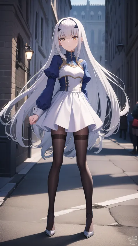 silver long hair, golden eyes, flat chest，blue and white long-sleeved dress，thin legs，black stockings，high heels，standing，mediev...