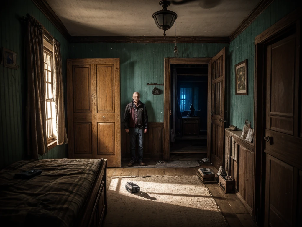 (3 Men, no light, Moonlight from the window, Dark room:1), various positions in the room, one at the back by the door, in the middle a man with a walkie talkie, Flashlight in hand, Ghost Hunt, (evil spirit of a deceased person very blurred in the background, ghost to recognize in the photo), (design from the game Phasmophobia, items from the game Phasmophobia), old wooden house, Photo taken from a digital camera, amateur photo