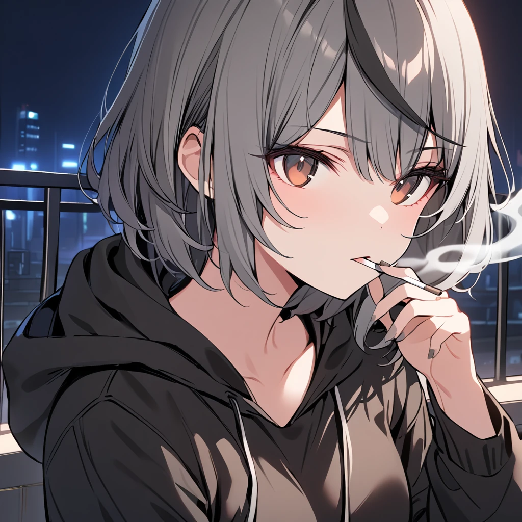 good looking, alone, 1 female, short hair, Black hair with smoky grey tips, Brown eyes, Black Shirt, Black and white hooded, smoking, night, Black light