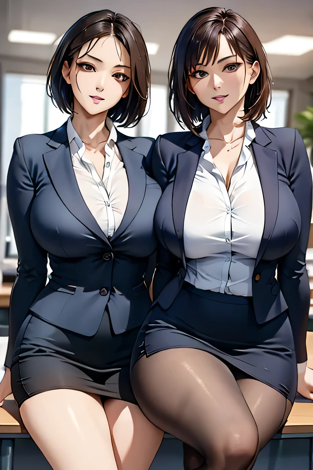 ((masterpiece)), ((Highest quality)), ((Complex)), ((超Realistic)), (Realistic), (Mature Woman), Sit cross-legged at a desk, office, Very detailed, 1 person, Beautiful and detailed, eyelash, double eyelid, (Perfect Teeth), smile, Brunette bob hair, Brown eyes, (Big Breasts), (Business style attire), (Pencil Skirt), (Thighs), (stockings), (background: underground), detailed background, Perfect Eyes, Captivating eyes, Looking at the audience