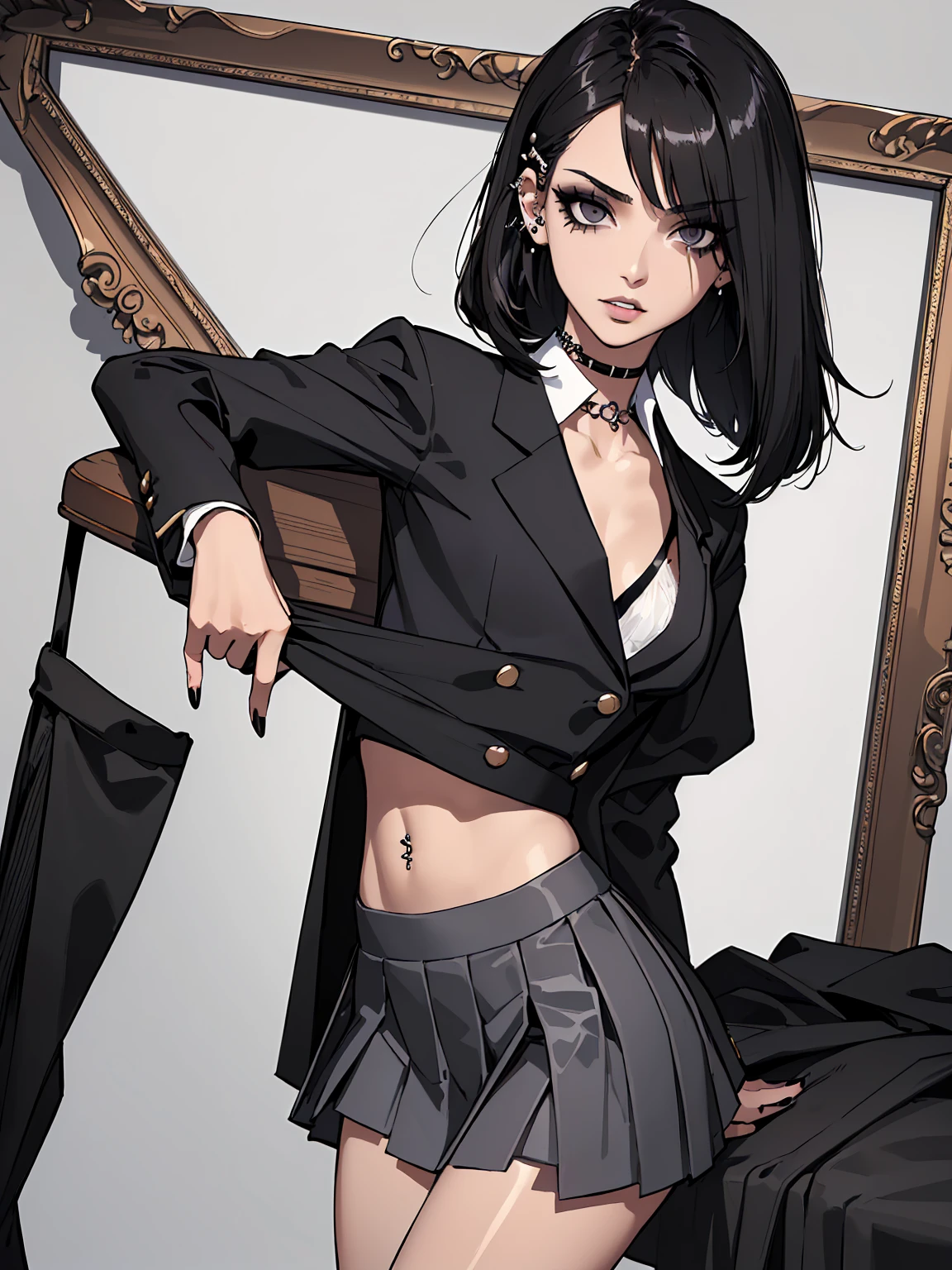 (best quality: 1.2), clean face, (masterpiece: 1.2, 8k) perfect anatomy, 1 girl) a beautiful fashion model ,(masterpiece, official art, best quality shiny hair, straight black hair with streaks in hair, full lips, small breasts, blazer school uniform, short skirt, thong straps, (dark makeup, piercings), shiny breasts,shiny skin, looking at viewer, college studentn, horizontal, lounging, a single girl, scene haircut, dark makeup, dark gray eyes, (slender, skinny, slight frame, small breasts), ((emo, scene))