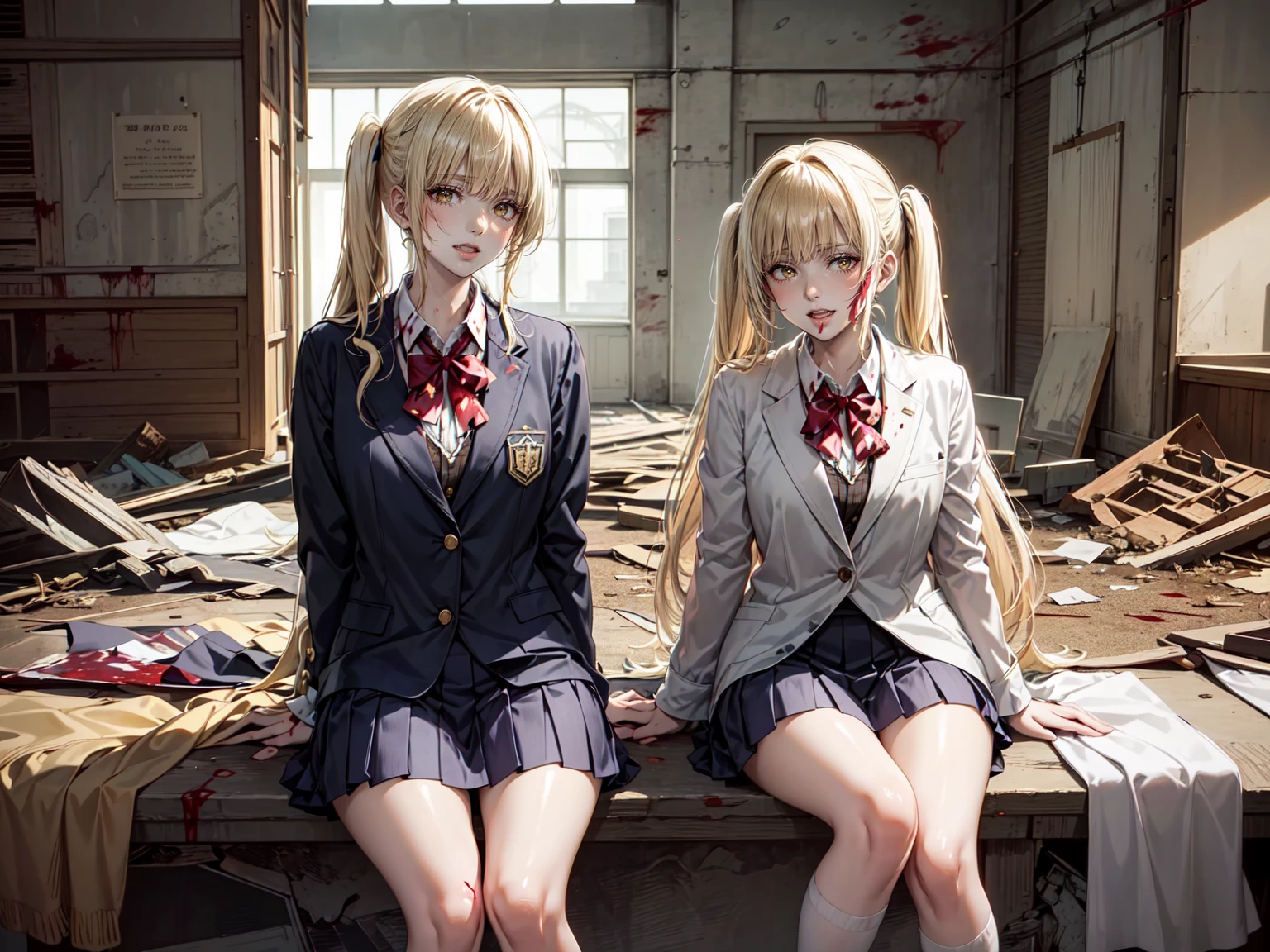 (Highest quality,4K,High resolution,masterpiece:1.2),Very detailed,Realistic:1.37,とてもbeautiful girl,Very cute blazer uniform,Wearing white stockings,Blonde,Blonde Hair,Long twin tails,Watching the audience,high school、Dilapidated school building、I&#39;m in the classroom、Inside a dilapidated classroom、Very dirty classroom、,Red color scheme,Ominous atmosphere,Eye-catching,Storytelling,anatomy,Anime Style,Concept Art,beautiful細部までこだわった顔と (((Red eyes ))),A terrifying ritual ,Satanic Ritual,Premature death,inappropriate behavior,クレイジーなsmile,Scythe Face,beautiful girl、Girl Monster, beautiful, Delicate facial features, Sharp Eye, Sharp Fangs, Pale skin,  Gloomy atmosphere, one person&#39;s, Please open your mouth wide, Open your mouth and baring your teeth,Sharp teeth like a beast, Wide lips, very wide mouth, Vermilion cheeks, ,(Blood splatter:1.4),Scary smile, smile,High School Design, Twisted smile、Bloody、bleeding from the head,,,,,、Blood splatter、,(Blood splatter:1.4),  ((流れるようなBlonde)), ,(Blood splatter:1.4),Female curves, Perfect hands, Perfect anime face, (A long-sleeved, very cute sailor uniform)), Are standing, ((邪悪なsmile)), ,(Blood splatter:1.4), Steam circulates, ,Anime school design, Twisted smile、Bloody、bleeding from the head,、Blood splatter、,(Blood splatter:1.4), A dilapidated high school、Abandoned house、,Absurd, High resolution、Spooky Girl、(クレイジーなsmile:1.6)、(Blood dripping from the mouth:1.3)、 anime-style characters as the main characters、