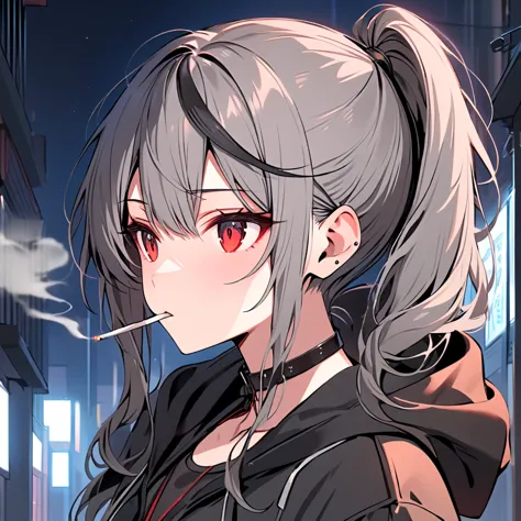 good looking, alone, 1 female, ponytail, black hair with smoky grey tips, red eyes, black shirt, black and white hooded, smoking...