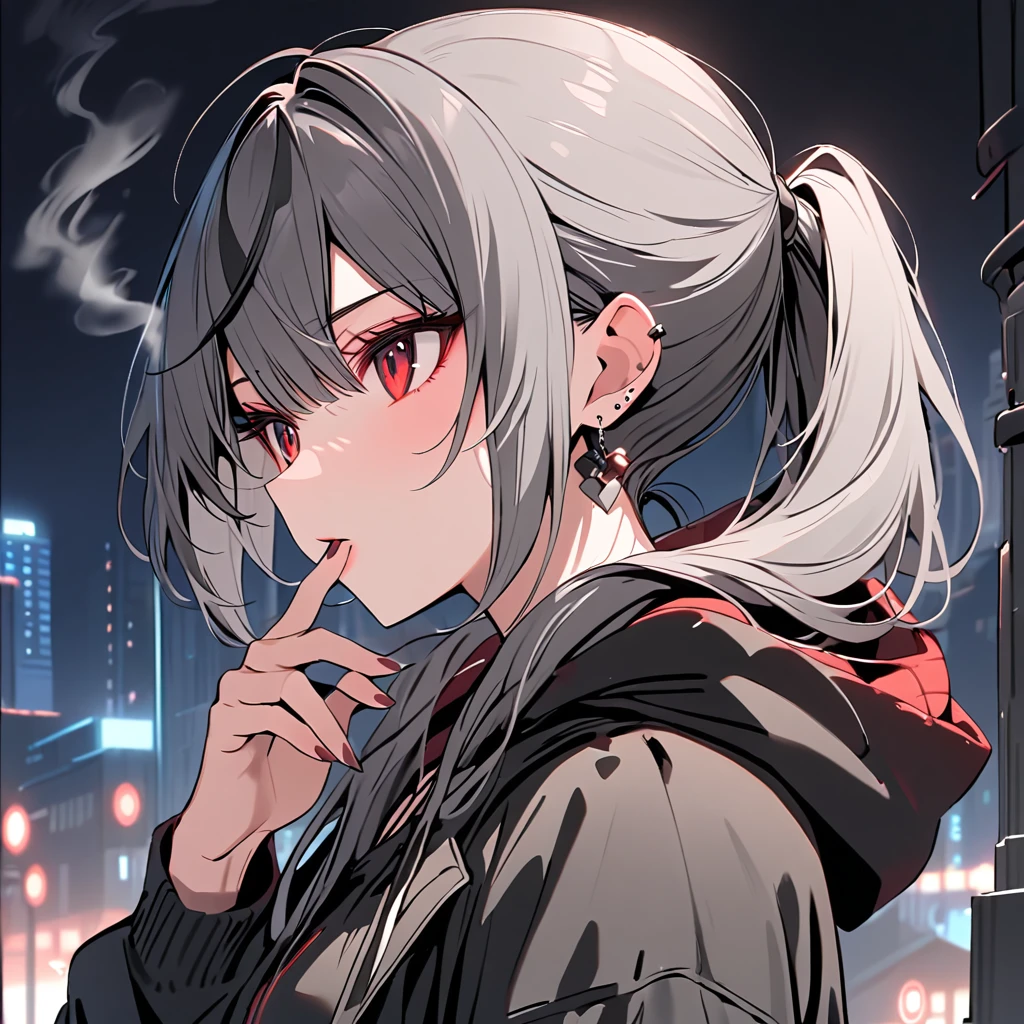 good looking, alone, 1 female, ponytail, Black hair with smoky grey tips, Red eyes,Earrings, Black Shirt, Black and white hooded, smoking, night, Black light