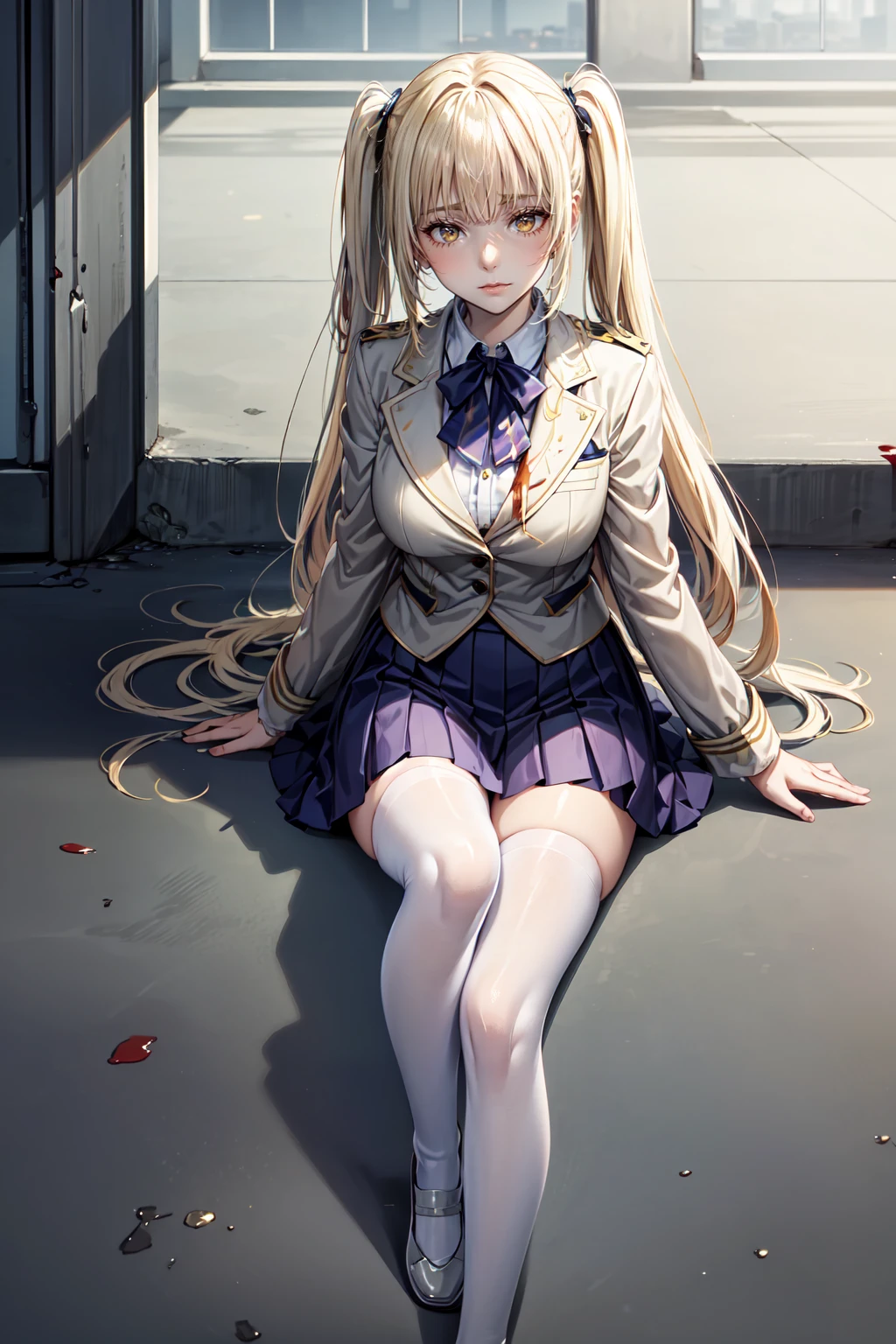 (Highest quality,4K,High resolution,masterpiece:1.2),Very detailed,Realistic:1.37,とてもbeautiful girl,Very cute blazer uniform,Wearing white stockings,Blonde,Blonde Hair,Long twin tails,Watching the audience,high school、Dilapidated school building、I&#39;m in the classroom、Inside a dilapidated classroom、Very dirty classroom、,Red color scheme,Ominous atmosphere,Eye-catching,Storytelling,anatomy,Anime Style,Concept Art,beautiful細部までこだわった顔と (((Red eyes ))),A terrifying ritual ,Satanic Ritual,Premature death,inappropriate behavior,クレイジーなsmile,Scythe Face,beautiful girl、Girl Monster, beautiful, Delicate facial features,  Sharp Fangs, Pale skin, Gloomy atmosphere, one person&#39;s, Please open your mouth wide, Open your mouth and baring your teeth,Sharp teeth like a beast, Wide lips, very wide mouth, Vermilion cheeks, ,(Blood splatter:1.2),Scary smile, smile,High School Design, Twisted smile、頭からのBleeding,、Blood splatter、,(Bleeding:1.2), ((流れるようなBlonde)), Female curves, Perfect hands, Perfect anime face, (A long-sleeved, very cute sailor uniform)), Are standing, ((邪悪なsmile)), ,(Blood splatter:1.4), Steam circulates, ,Anime school design, Twisted smile、Bloody、 A dilapidated high school、Abandoned house、,Absurd, High resolution、Spooky Girl、(クレイジーなsmile:1.8)、(Blood dripping from hands:1.3)、 anime-style characters as the main characters、
