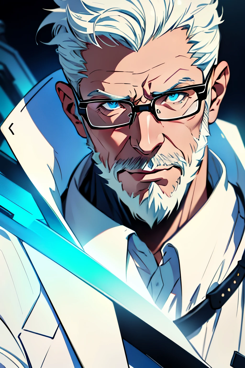 anime style, a man in his 50s, short white hair, sparse beard, blue eyes, determined expression, wearing a white coat, glasses, scientist, cinematic lighting, dramatic pose, 8k, photorealistic, hyper detailed, exquisite facial features, sharp focus, digital art, concept art, sci-fi, realistic, masterpiece