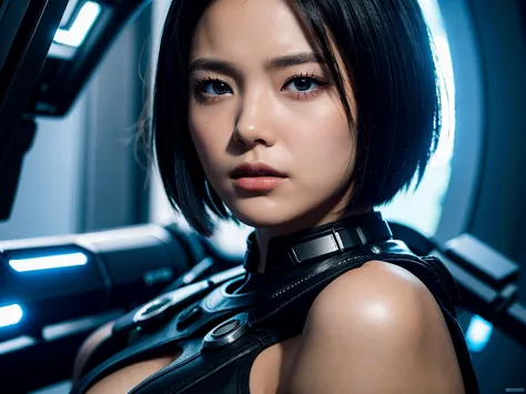 a girl with short bob, black hair, metal plates embedded under her eyes, and mechanical forearms.