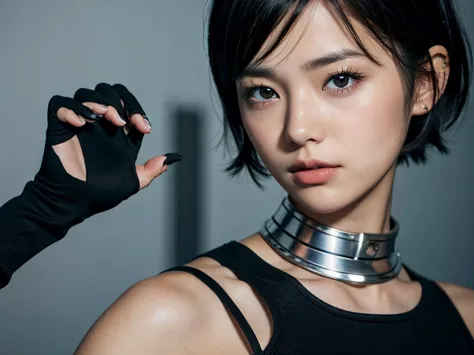 a girl with short bob, black hair, metal plates embedded under her eyes, and mechanical forearms.