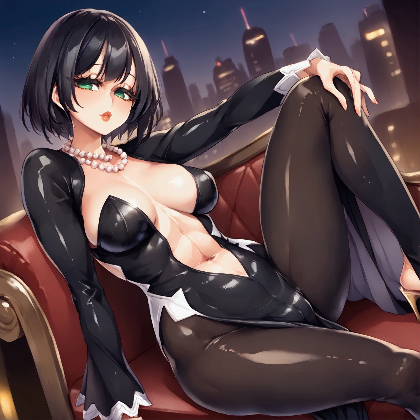 Intricate details, low angle, 1 female, Fubuki, sexy face, short black hair, fully lidded eyes, green eyes, puckered lips, slim/toned body, toned abs, perfect firm breasts, skin tight clothes, black dress with long sleeves, pearl necklace, sitting on lounge chair, night, detailed city background, futuristic city.