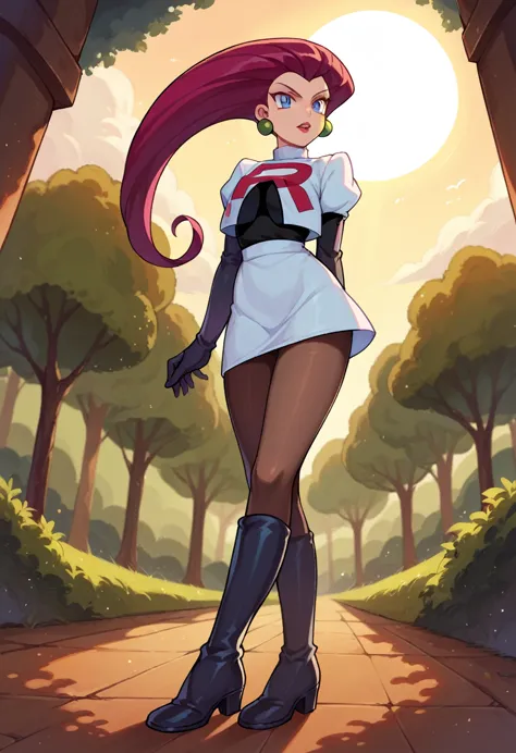 jessie, team rocket, brown pantyhose, high boots, gloves, sun shiny day