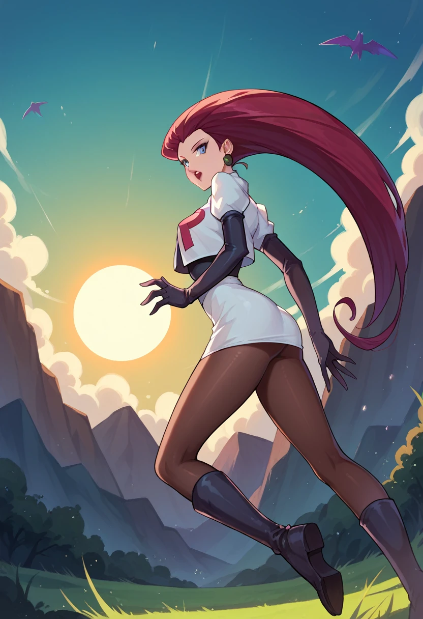 Jessie, team rocket, brown Pantyhose, high boots, gloves, sun shiny day