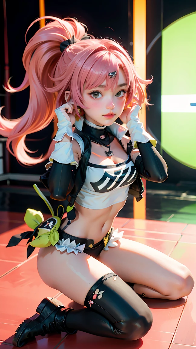 A girl cosplaying as the character sakura from the anime naruto shimpudder. She has long pink hair, a bandana tied in white, a green ninja vest, naruto shimpudder-like costume, Slightly open neckline, red color outfit with black, bright green eyes, tight black shorts, thick legs, slim waist, fighting stance, wears black gloves, black boots,  ultra realistic and detailed cosplay of the character sakura. Masterpiece, Ultra HD, 8k, photography, real skin, real hair, blurred background f1.2. Masterpiece, professional realistic photography style. 