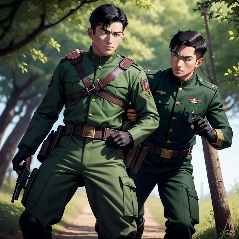 anime、Zeon Army soldiers、30 years old,One Man,、Dark green military uniform、Shocker Belt、Black gloves、Brown boots、With a handgun on his hip、In the woods　Gunfight、in battle　Jumping Punch　logic, ,Black Hair。Pretty short and even shorter short hair、Handsome soldier　Asian Face　The crotch area of my pants is bulging　