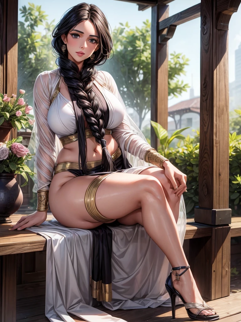 masterpiece, absurdres, unohana, 1girl, solo, smiling, mature female, wearing indian saree, saree,  looking at viewelling petals), perfect composition, detailed lips, big breast, beautiful face, body proportion, blush, (pink lips), black hair, braided hair, soft gaze, super realistic, detailed, photoshoot, realistic face and body, full body picture, 16k, at a flower garden, wearing high heels, sitting