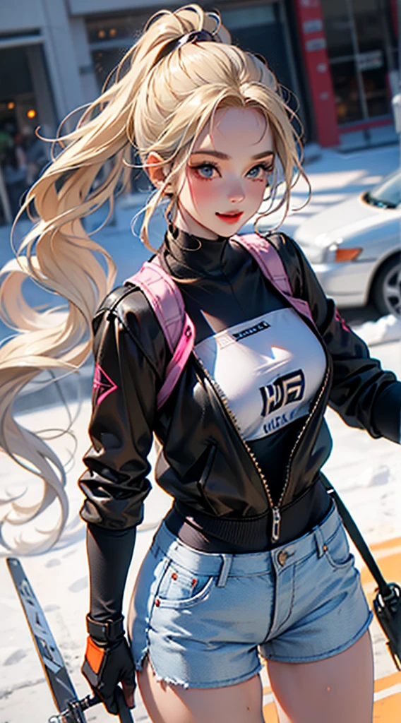 Young girl, long blonde hair, high ponytail, blue eyes, sports top, shorts, big breasts, smile, karambit, masterpiece, high quality