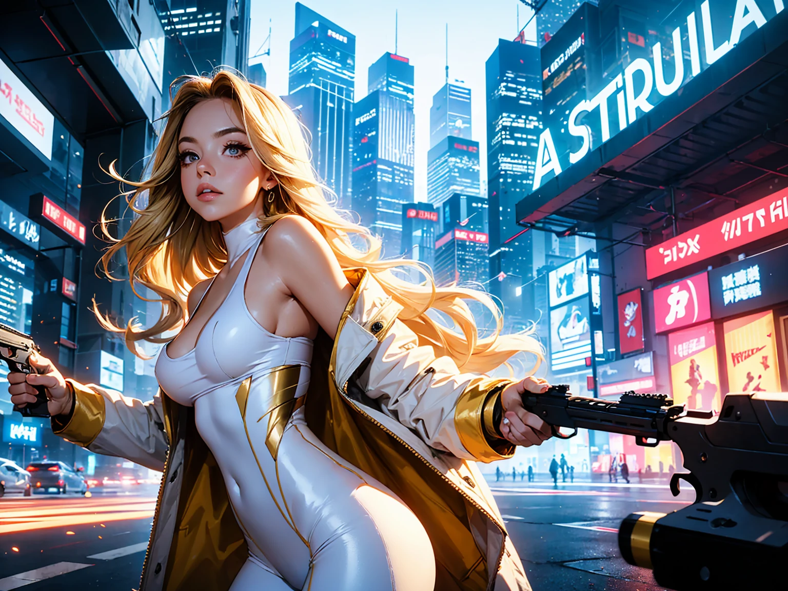 (((firing, bullet, gun, light particles))), 1girl, sydney sweeney, eyes covered, , profile shot, ((tilting head backwards)), facing viewer, from side, masterpiece, highest quality, (solo focus), (perfect face:1.1), (high detail:1.1), 1girl, ((blonde hair)), golden hair rings, neon halosmug, ((futuristic clothes)), white catsuit, (long gold coat), coat off shoulders, detailed background, neon cityscape, cyberpunk, cinematic lighting, pointing gun, detailed makeup, underboob, white and gold jewelry
