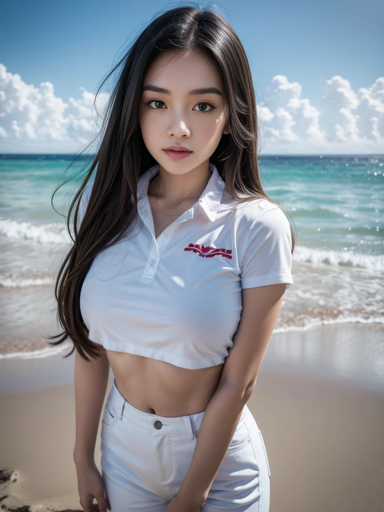 1girl, solo, (uniform), standing, at the beach,  beautifully ocean scenery, detailed cute face, detailed eyes, thick medium breasts, smooth realistic skin, red latex shirt, white latex hot pants, looking at the audience, low angle shot,(8k, RAW photo, best quality, masterpiece: 1.2), (realistic, realistic: 1.37), ultra-high resolution