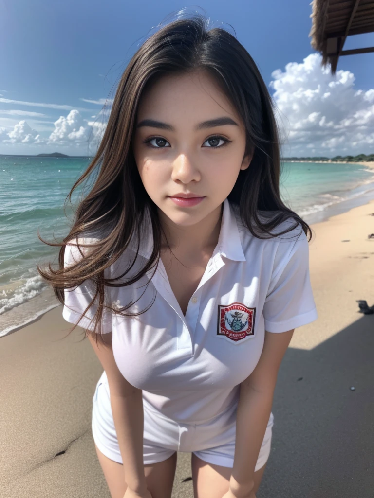 1girl, solo, (uniform), standing, at the beach,  beautifully ocean scenery, detailed cute face, detailed eyes, thick medium breasts, smooth realistic skin, red latex shirt, white latex hot pants, looking at the audience, low angle shot,(8k, RAW photo, best quality, masterpiece: 1.2), (realistic, realistic: 1.37), ultra-high resolution