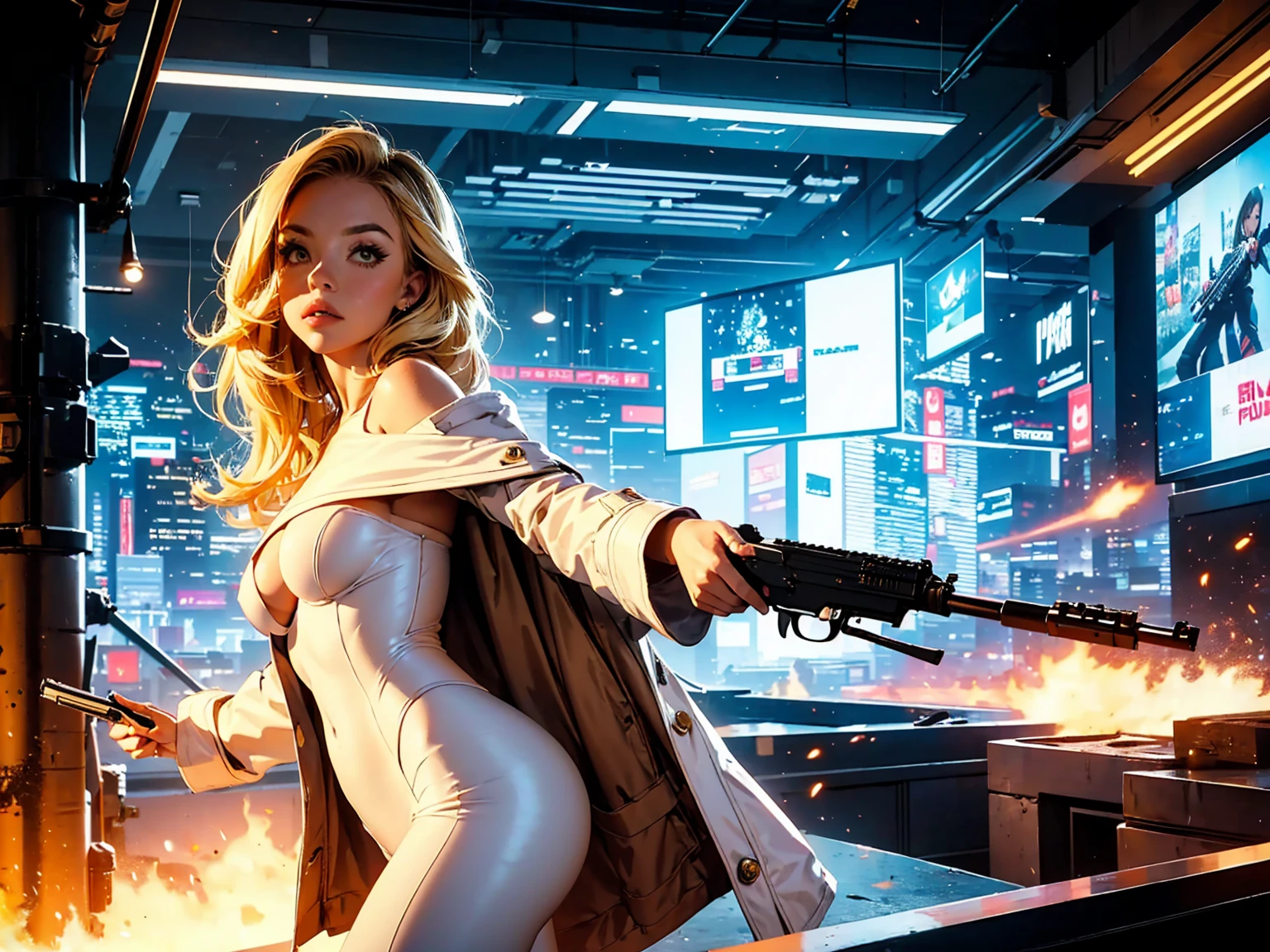 (((firing, bullet, gun, light particles))), 1girl, sydney sweeney, eyes covered, , profile shot, ((tilting head backwards)), facing viewer, from side, masterpiece, highest quality, (solo focus), (perfect face:1.1), (high detail:1.1), 1girl, ((blonde hair)), golden hair rings, neon halosmug, ((futuristic clothes)), white catsuit, (long gold coat), coat off shoulders, detailed background, neon cityscape, cyberpunk, cinematic lighting, pointing gun, detailed makeup, underboob, white and gold jewelry
