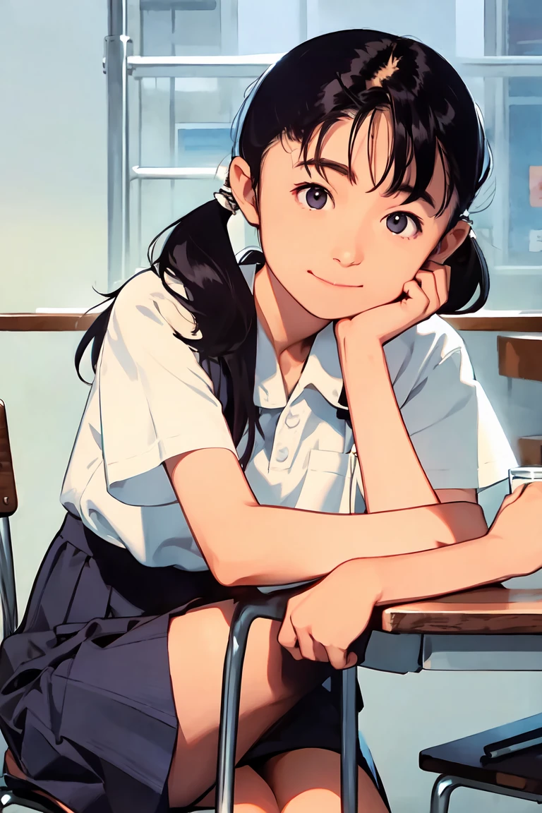 (Noriko Ogawa), woman、solo、Fair skin、Black Hair、Twin tails、bangs、White shirt、dress shirt、Short sleeve、Navy Blue Skirt、school uniform、Mid-length skirt、Long skirt、smile