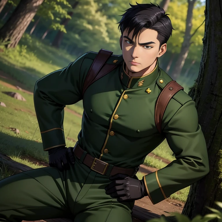 anime、Zeon Army soldiers、30 years old,One Man,、Dark green military uniform、Shocker Belt、Black gloves、Brown boots、With a handgun on his hip、In the woods　Scouting from the top of the tree、Spread your legs　logic, ,Black Hair。Pretty short and even shorter short hair、Handsome soldier　Asian Face　The crotch area of my pants is bulging