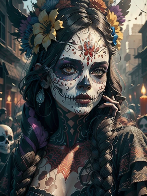 The portrait features a woman in the foreground, her face covered with an elaborate Mexican mask of the dead, known as 'Catrina'. The mask is vibrant and detailed, with intricate floral designs and skulls painted in intense colors like red, blue, Gold and purple. The woman's eyes, dark and deep, gaze directly at the viewer, conveying a mix of serenity and mystery.

The makeup surrounding the mask is decorated with flower and spider web motifs in metallic tones, adding a touch of brightness against the white and painted skin. Her hair is adorned with a crown of colorful flowers, typical of the Day of the Dead, that add an element of celebration and life to the scene.

The background is absolute darkness, making the colors of the mask and flowers stand out with great intensity. Dramatic lighting falls on her face, accenting the contours of the mask and creating deep shadows that add an air of mystery and solemnity. The contrast between the vibrant colors of the mask and the darkness surrounding it creates a powerful and emotional atmosphere, that captures the essence of the Day of the Dead with a touch of drama and beauty