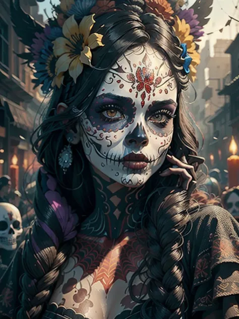 the portrait features a woman in the foreground, her face covered with an elaborate mexican mask of the dead, known as 'catrina'...