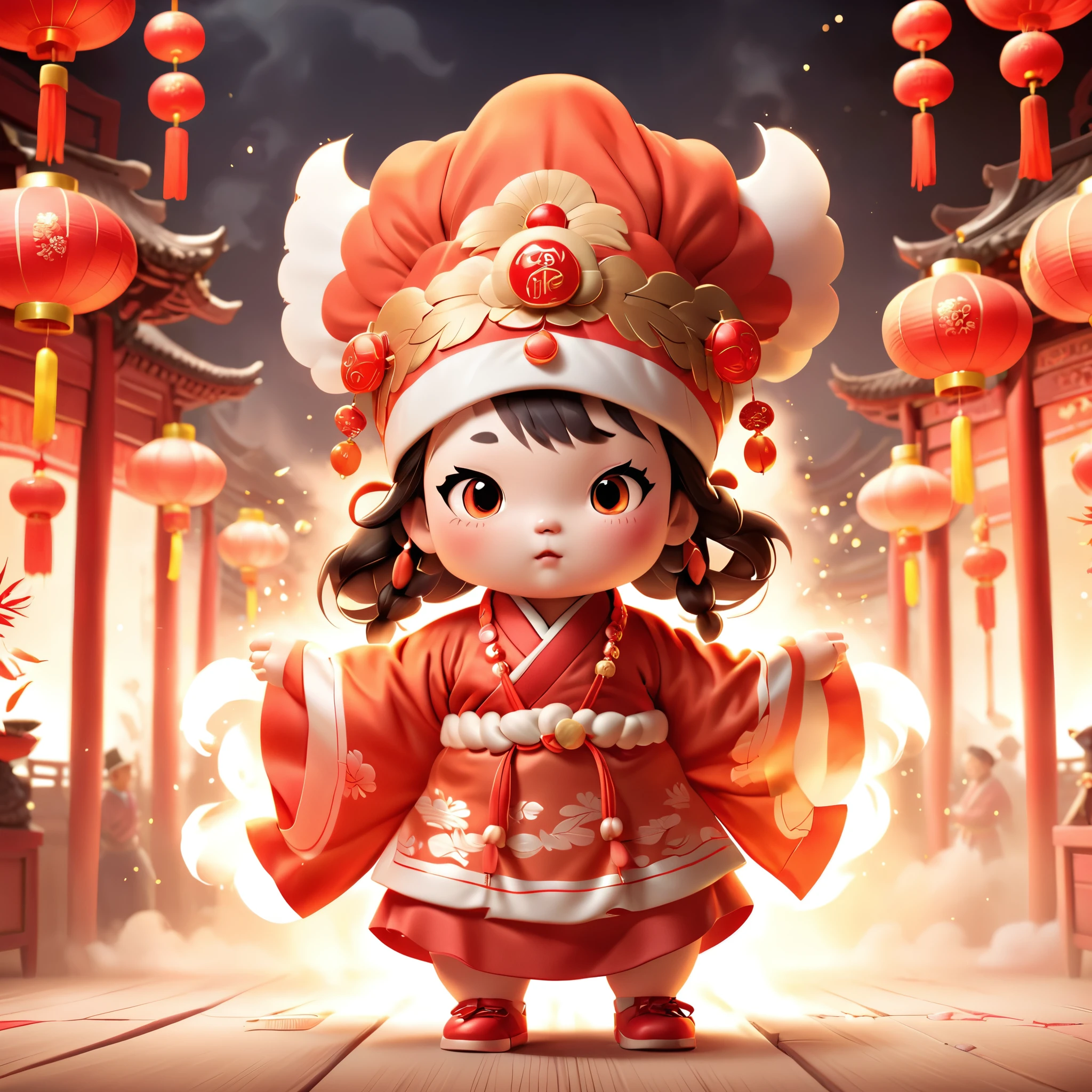 Game character design，3D character rendering，(((Vector illustration style)))，(1 chubby child，Wearing traditional Chinese New Year red costume，Wearing an auspicious gemstone headdress), (Fuwa&#39;s facial expression is cute and enthusiastic，The eyes are shining，The corners of the mouth are raised), (Fuwa holds a bunch of firecrackers), (Fuwa’s hair has two cute little braids，You can tie a red ribbon on the braid), (((The stands up，Chinese Xiangyun cloth shoes: 1.6, Glowing lines or orange LED light effect))), (Full body shot: 1.5), ((Chinese element background，Auspicious cloud background)), (pov, first-person view, Ghibli-like colours, Luminism, cinematic lighting, UHD, masterpiece, ccurate, anatomically correct, textured skin, super detail, high details, high quality, award winning, best quality, 16k), Pop Mart blind box, 3Drenderingof