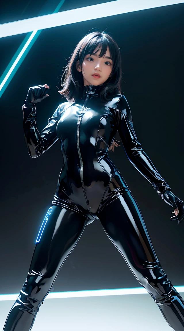 solo, super fine photo, portrait Unreal Engine 5 8K UHD of beautiful girl in a skin tight black latex outfit with blue neon light details, slick black catsuit, black iconic character, smooth black skin, black body, PVC, some black, glossy latex suit, rubber suit, rubber belts, collar, rubber glove, rubber high boots, arm and leg cuffs, straps, cyberpunk world, best quality, masterpiece, official art, unified 8k wallpaper, super detailed, sharp focus, dynamic pose, body parts, no extra limbs, precisely anatomy