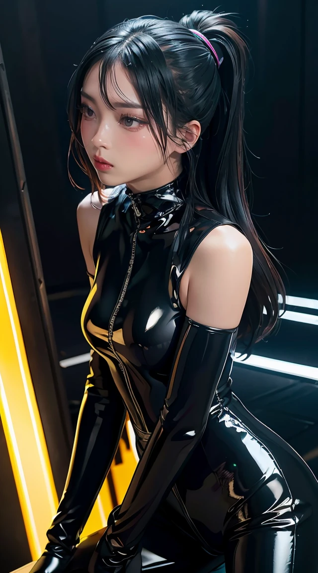 solo, super fine photo, portrait Unreal Engine 5 8K UHD of beautiful girl in a skin tight black latex outfit with blue neon light details, slick black catsuit, black iconic character, smooth black skin, black body, PVC, some black, glossy latex suit, rubber suit, rubber belts, collar, rubber glove, rubber high boots, arm and leg cuffs, straps, cyberpunk world, best quality, masterpiece, official art, unified 8k wallpaper, super detailed, sharp focus, dynamic pose, body parts, no extra limbs, precisely anatomy