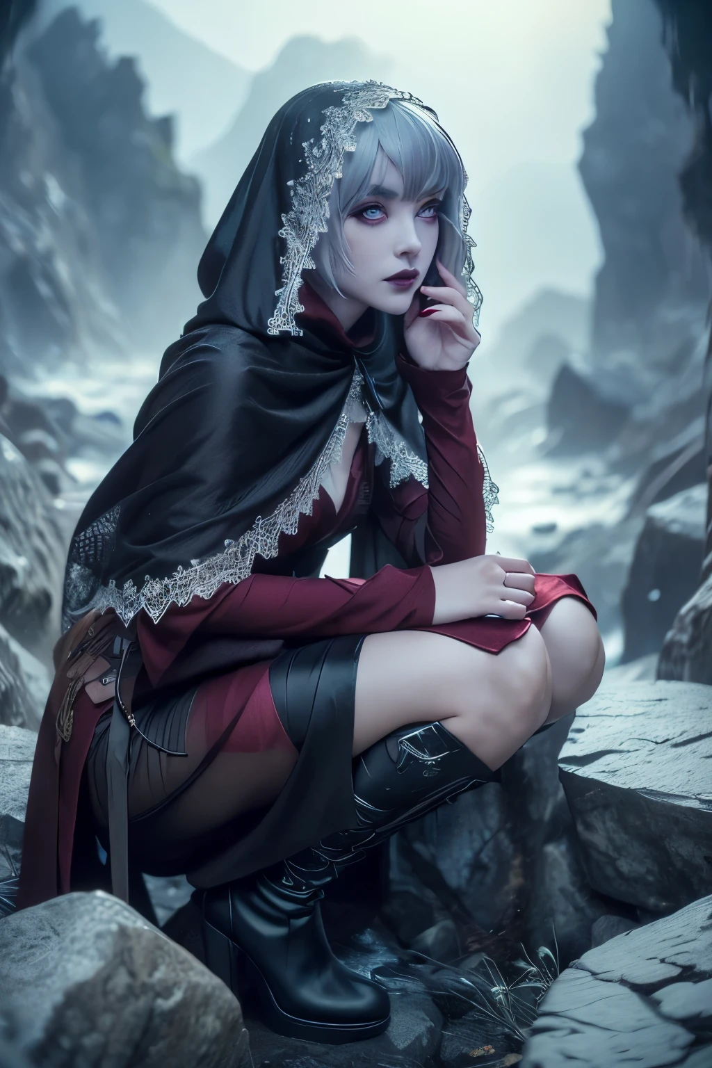 (Ultra-detailed face, looking away, Fantasy Illustration with Gothic, Ukiyo-e, Comic Art, Rich colors), 
BREAK 
(This is a steep, rocky mountain at 5,000 meters above sea level. The visibility is poor due to thick fog. The view of white fog is spreading.), 
BREAK 
(DarkElves: A middle-aged dark elf woman with silver color hair, blunt bangs, bob cut and dark purple color skin, lavender color eyes), 
BREAK 
(A female dark elf vampire hunter wears a crimson veil, a blue ruby cloak, a traditional deep green Victorian tight dress with a large orange ribbon, and brown boots.), 
BREAK 
(The female dark elf vampire hunter is kneeling on a frosty rock, thoughtfully contemplating her strategy, with Dracula's castle perched on a steep rocky hill in front of her. A deep fog surrounds her, and the sunlight from behind her seems to cloak her in an aura of rainbows. Brocken phenomenon. parabolic effect.)