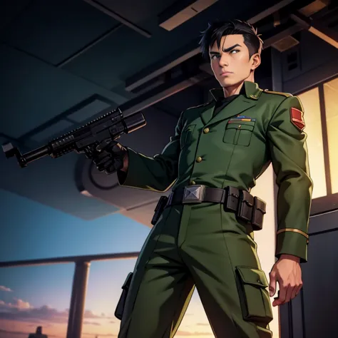 anime、zeon army soldiers、30 years old,one man,、dark green military uniform、shocker belt、black gloves、brown boots、with a handgun ...